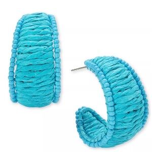 ON 34TH Turquoise Color Seed Bead and Raffia C Hoop Earrings